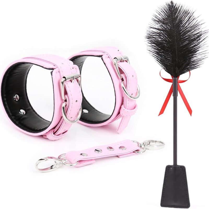Sex Feather with Sexy Handcuffs SM Kit Double Ended Sex Tickler Leather Wrist Cuffs Cuff Fetish BDSM Bondage Accessories Spanking Paddle Whip Adult Sexual Play for Couples Women Cosplay