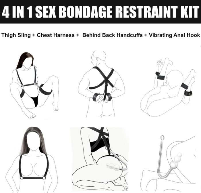 Vibrating Anal Hook BDSM Sex Bondage Restraints Kit, Thigh Sling Chest Harness Behind Back Handcuffs, 3 Balls Anal Trainer with 9 Vibration Modes, SM Fetish Unisex Sex Toys for Couples - Image 2