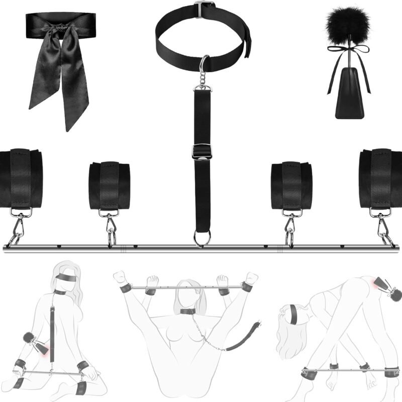 Spreader Bar Sex Toys with Wrist Ankle Neck Collar Restraint Kits Jornujna Adjustable Ankle Cuffs Neck Collar Blindfold Tickler Bondage Gear Accessories Bondage Set BDSM for Adult Couple