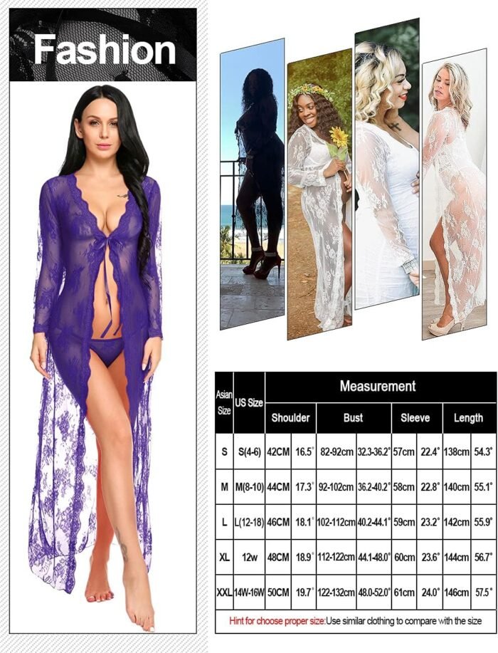 Lingerie for Women Sexy Long Lace Dress Sheer Gown See Through Kimono Robe - Image 6