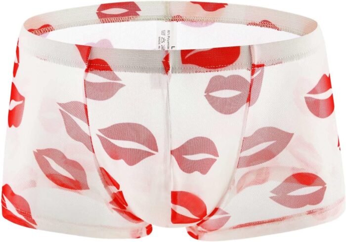 Mens Sexy Lingerie See Through Mesh Mens Lipstick Kisses All Over Boxer Briefs Valentines Day Underwear - Image 6