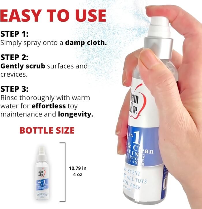 Adam and Eve 4 in 1 Pure and Clean Misting Adult Sex Toy Cleaner, Fast Acting Clear Spray with Fresh Scent, Easy to Use Wash for Silicone Dildos, Vibrators, Anal Toys, Couples Accessories, and Tools - Image 5