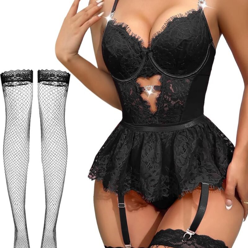 Lilosy Sexy Stocking Heart Rhinestones Underwire Babydoll Lace Mesh Garter