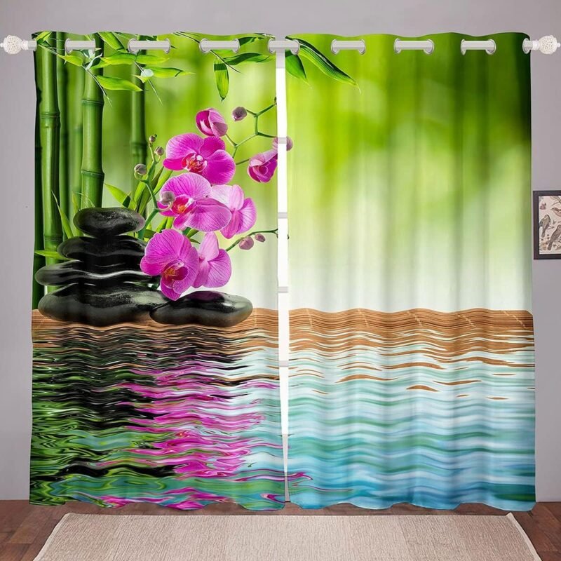 Feelyou Spa Curtains Kids Orchid Botancial Candle Massage Stone Window Curtains for Bedroom Living Room Zen Meditation Relaxation Green Black Window Treatments Decor,38 X 54 Inches,2 Panels