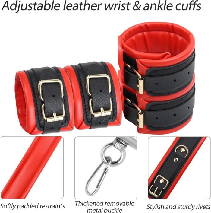BDSM Bondage Restraints with Handcuffs Ankle Cuffs for Couples Spreader Bar Sex Toys Bondage Gear & Accessories Adjustable Bondage Kit Adult Sex Toys & Games (Red) - Image 3