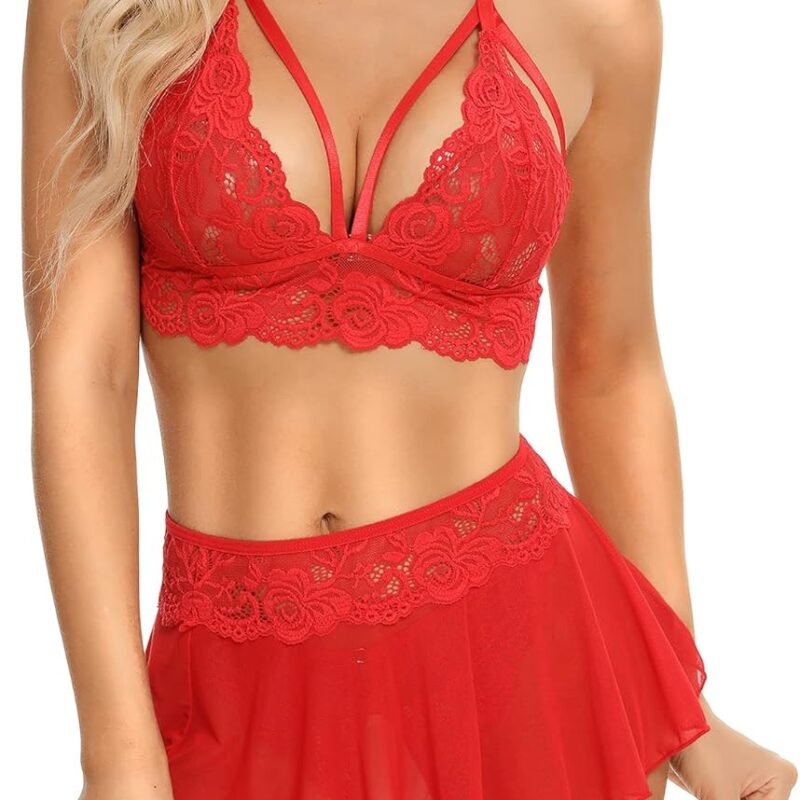 Genhoo Sexy Lingerie Sets for Women Naughty 3 Piece Lace Bralette, Mini Skirt with G-String Teddy Lingerie Babydoll Set