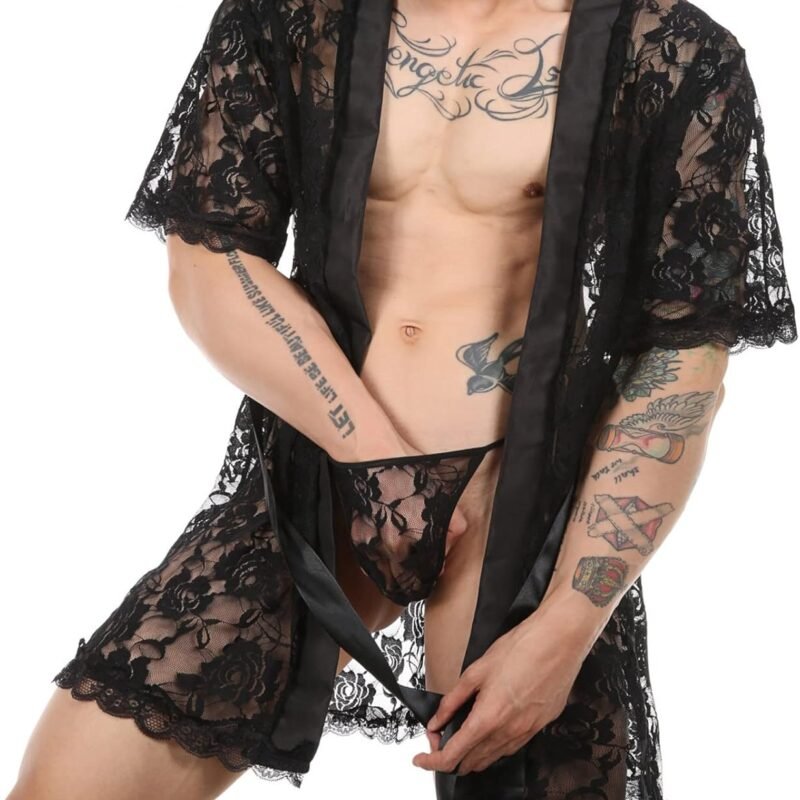 Sexy Lingerie for Men Men's Sexy Sissy Lace Bathrobes Pajamas Robes Set Night Lingerie with Thong