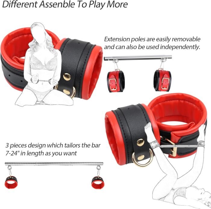 BDSM Bondage Restraints with Handcuffs Ankle Cuffs for Couples Spreader Bar Sex Toys Bondage Gear & Accessories Adjustable Bondage Kit Adult Sex Toys & Games (Red) - Image 5