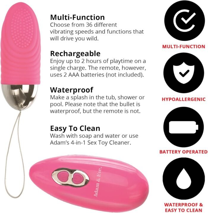 Adam & Eve Turn Me On Rechargeable Bullet Vibrator with Wireless Remote Control, Internal G Spot Clitoral Stimulation Female Adult Sex Toys for Women & Couples, 36 Vibrating Speeds 3.5 in, Pink - Image 6
