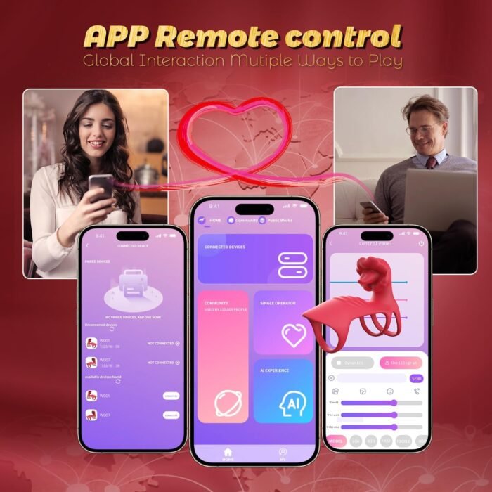 Vibrating Cock Ring Sex Toys for Couples Men - App Remote Control Vibrators Penis Sleeve with Tongue Clitoral Vibrator, Adult Toy Penis Ring Cock Sleeve, Sex Toy for Women Male Penis Extender, Red - Image 2