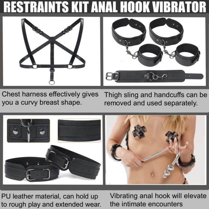 Vibrating Anal Hook BDSM Sex Bondage Restraints Kit, Thigh Sling Chest Harness Behind Back Handcuffs, 3 Balls Anal Trainer with 9 Vibration Modes, SM Fetish Unisex Sex Toys for Couples - Image 3