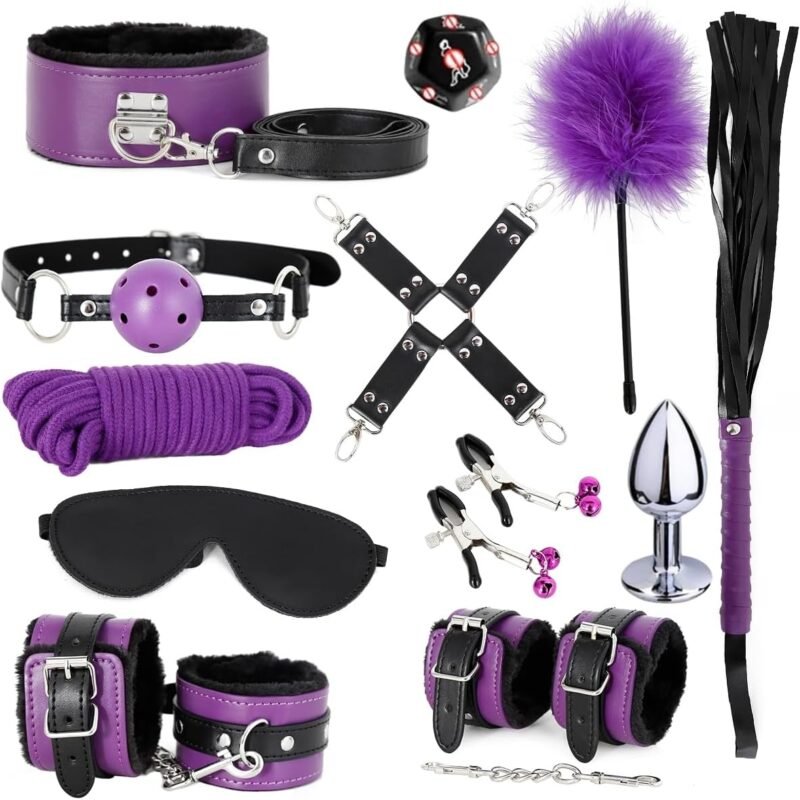 BDSM Bondage Restraint Kits 12PCS Sets Sex Toys Handcuffs Ankle Collar Cuffs Blindfold Feather Tickler Ball Gag Anal Plug SM Games Adjustable for Women Men