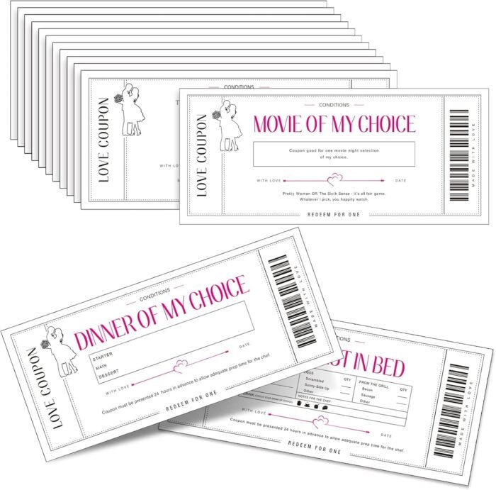 Zonon 20 Pieces Valentine‘s Day Love Coupon Cards for Sweet Couple, Husband, Wife, Boyfriend or Girlfriend Romantic Gift for Wedding, Anniversary or Birthday, 20 Designs