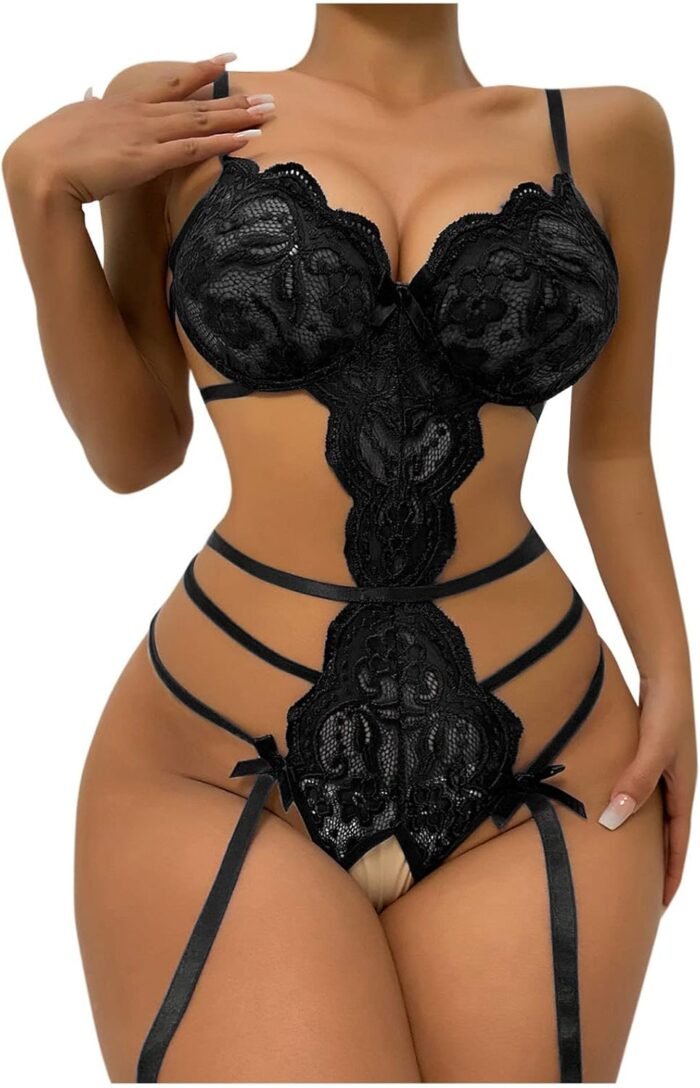 maisdgop Women Lingerie Set Sexy Lace Bow Hollow Out Bodysuit Fashion See Through Underwear Outfit Open File Erotic Bra Sets