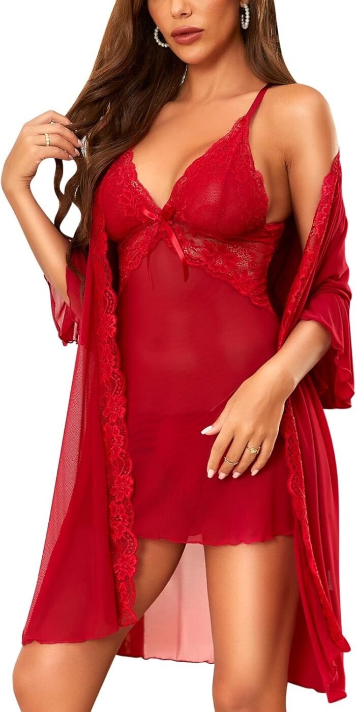 Women Sexy Lingerie Set 3 Piece Babydoll & Lace Kimono Robe Strap Chemise Nightgown Mesh Sleepwear