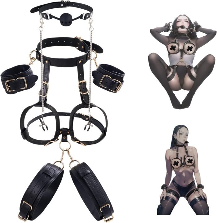 BDSM Kit Sex Breast Bondage Restraints, Upgrade 5 In 1 Detachable Wrist & Thigh Cuffs Neck to Thigh with Ball Gag Nipple Clamps, Adjustable Bed Restraints Sexy Harness,SM Game Sex toy for Women Couple