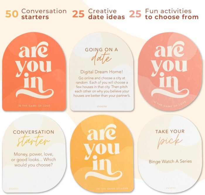 ZICOTO 100 Date Ideas and Couples Game Cards - Set of 3 Unique Games for Your Girlfriend, Boyfriend, Wife/Husband, Her/Him as a Gift for Christmas - 25x Date Night Cards, 50x Conversation Starters - Image 5