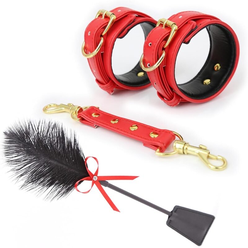 Sex Feather with Handcuffs Spanking Tickler Leather Wrist Cuffs Cuff Sexy Whip BDSM Tools Bondage Accessories Collections Sexual Handcuff Flirting Fetish Adult SM Games for Couple Women