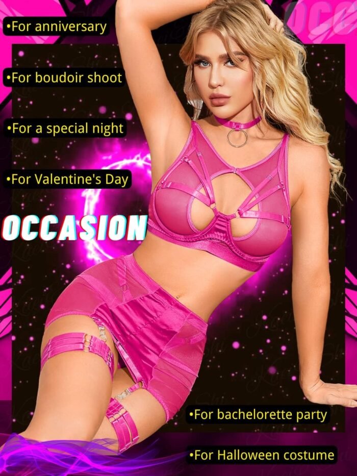 Kaei&Shi Garter Lingerie for Women, Strappy High Waisted Skirt G String 4 Piece Sexy Exotic Lingerie Outfits Set Boudoir - Image 6