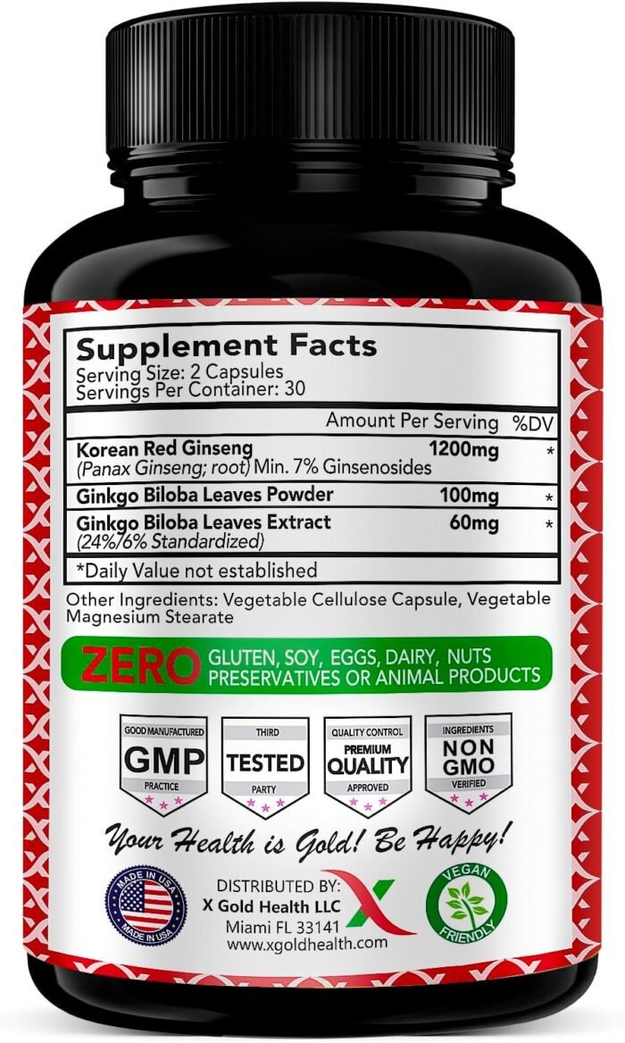 Korean Red Panax Ginseng 1200mg + Ginkgo Biloba - Extra Strength Root Extract Powder Supplement w/High Ginsenosides Vegan Capsules for Energy, Performance & Focus - Supplement for Men & Women - Image 2