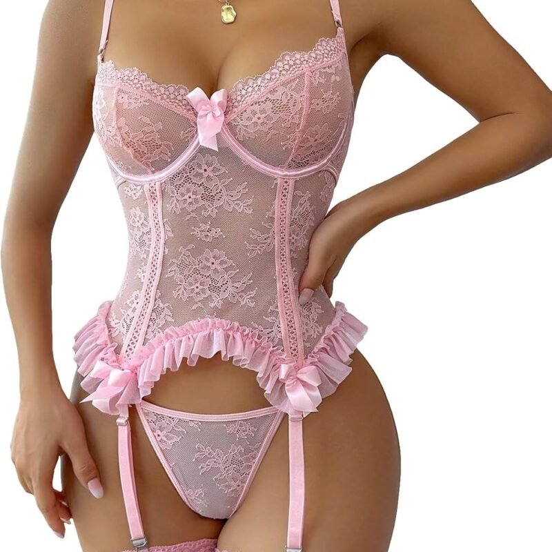 WDIRARA Women's Sexy Lingerie Set Floral Lace Garter Bustier Lingerie Set with 1Pair Fishnet Stocking