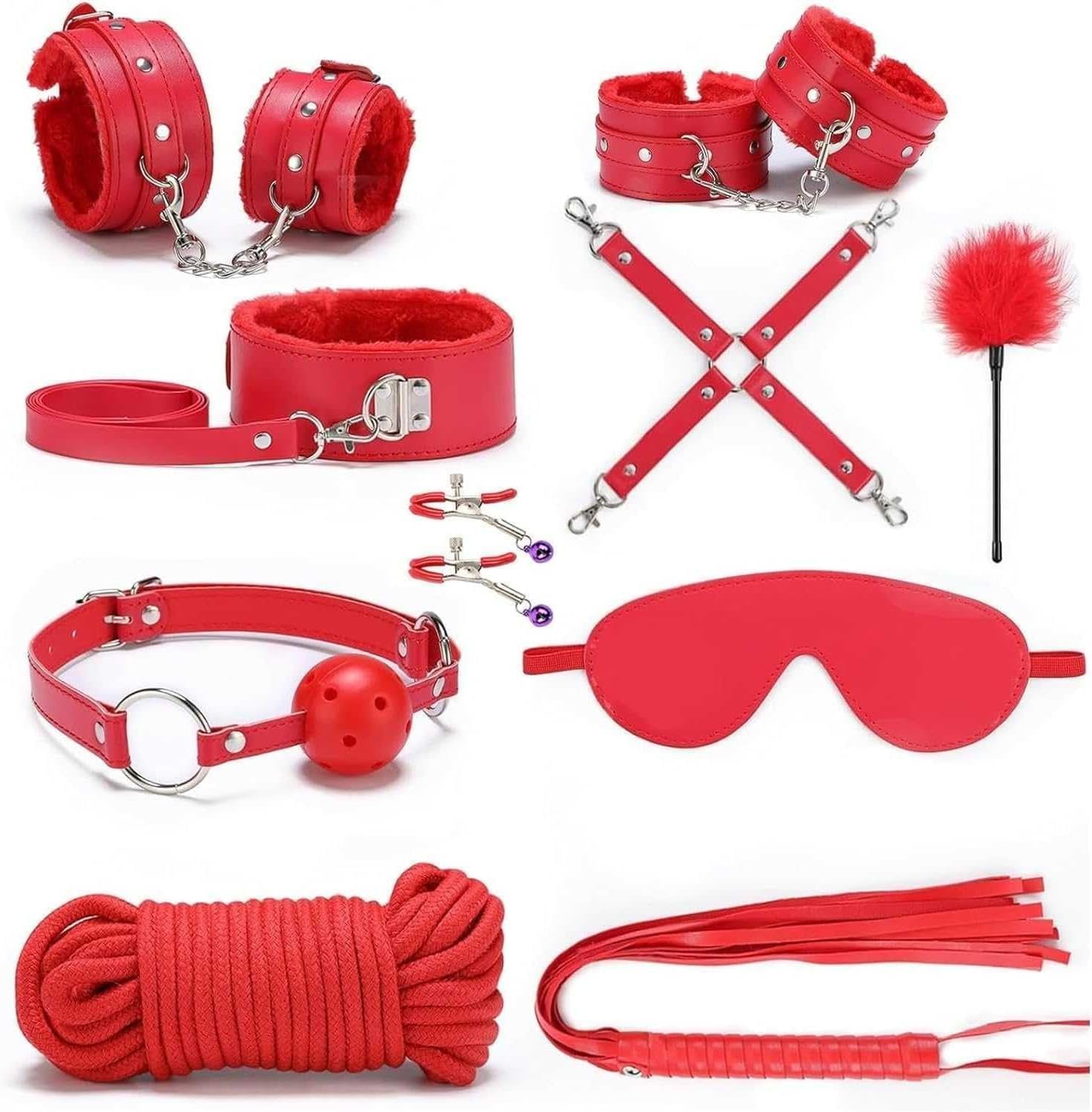 10pcs Restraints Kit for Couples Under King Bed Red Handcuffs and Blindfold for Adults Bedroom Restraints for Bed Straps Adult Play Queen Bondaged Rope Cord & Rope Kit Spreaders Bar for Women Sweater