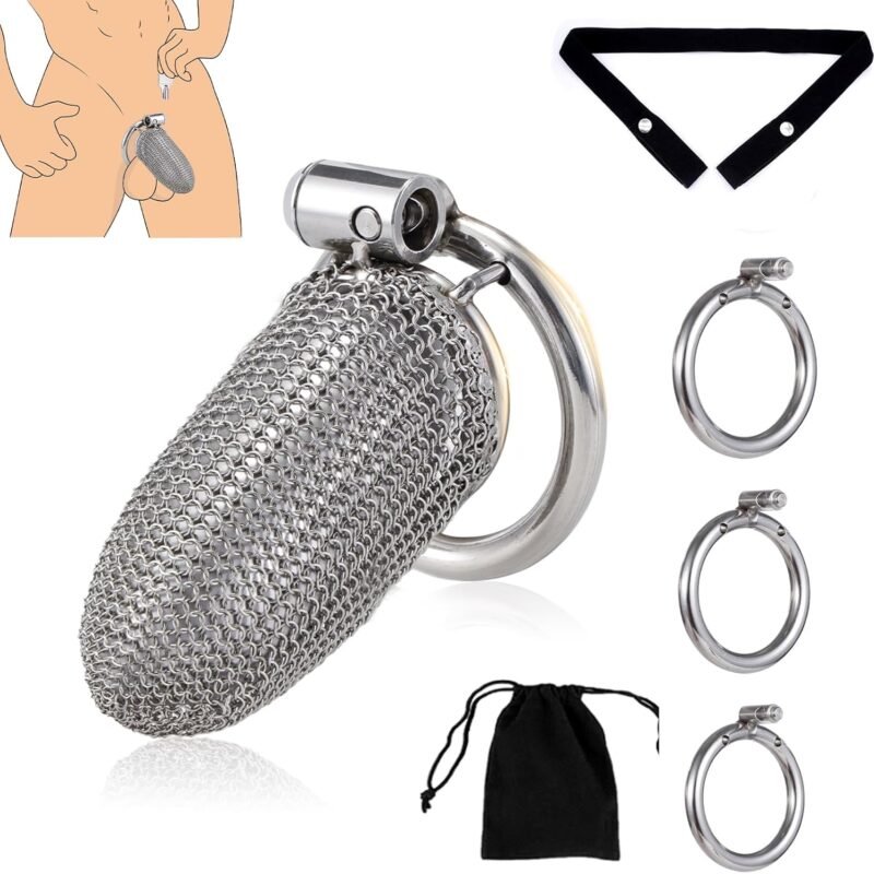 Chastity Cage - Male Chastity Device with Invisible Lock Set, 3 Sizes Rings (1.57", 1.77", 1.97"), Cock Cage Metal Mesh Chain,Large Stainless Steel Penis Bondage Restraints BDSM Sex Toy for Men(L)