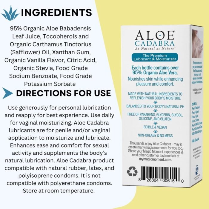 Aloe Cadabra Flavored Personal Lubricant and Vaginal Moisturizer, Organic Edible Aloe Lube for Men, Women and Couples, Non-Staining, pH Balanced, Toy Compatible (Tahitian Vanilla, 2.5 Ounces, 1 Pack) - Image 3