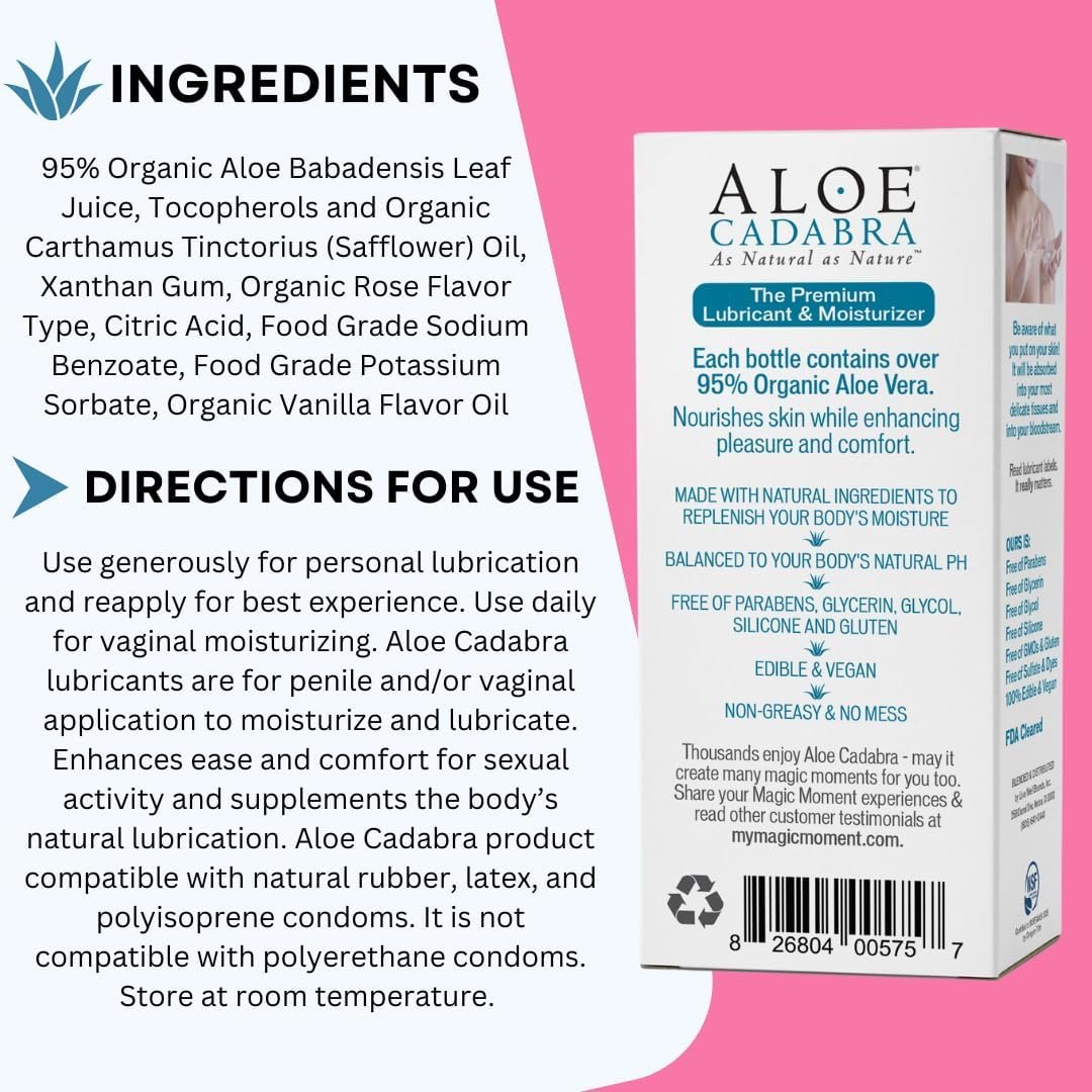 Aloe Cadabra Flavored Personal Lubricant and Vaginal Moisturizer, Organic Edible Aloe Lube for Men, Women and Couples, Non-Staining, pH Balanced, Toy Compatible (Wild Rose, 2.5 Ounces, 1 Pack) - Image 4