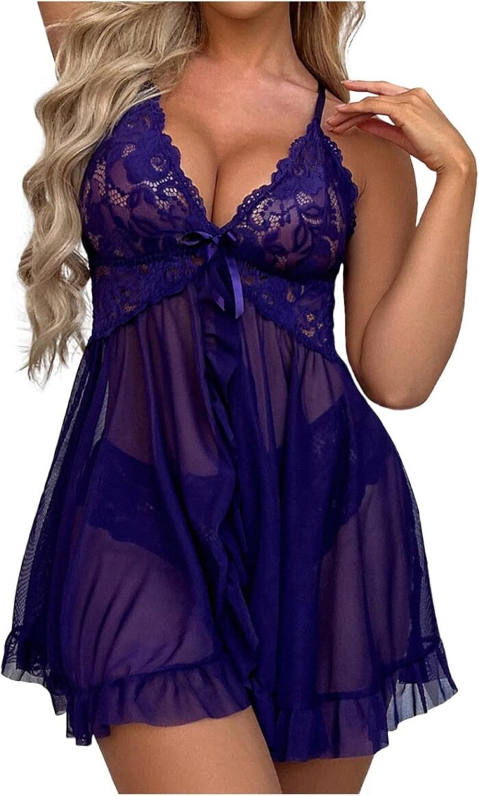 Sexy Babydoll Sexy Lingerie Solid Color Nightie Chemise Long Bow Tie Split Lace Cami Butterfly Mesh Ladies Lingerie