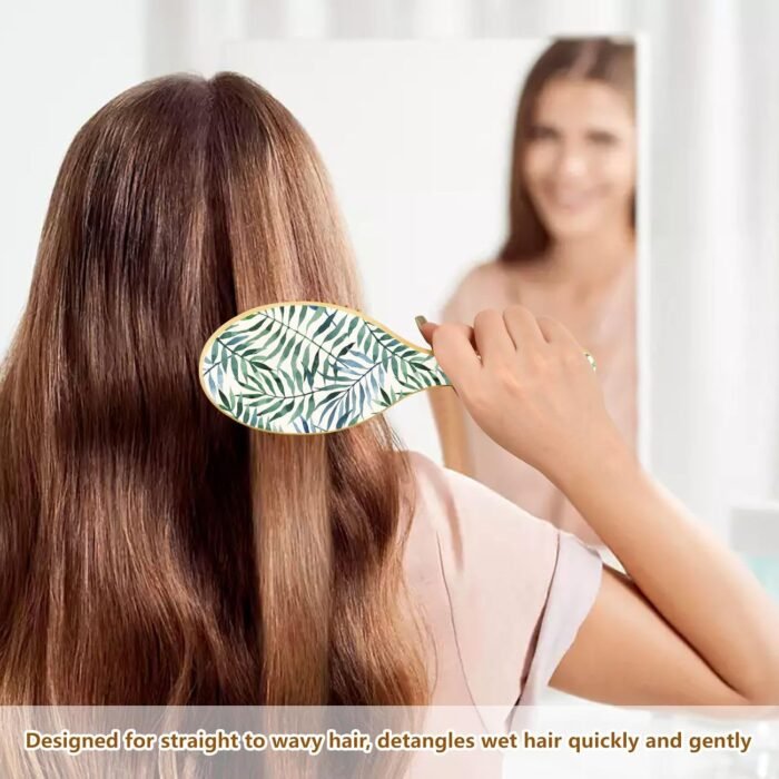 Exotic Tropical Leaves White Wooden Hair Brush with Rubber Cushion, Ergonomic Massage Bristles for All Hair Types - Image 6