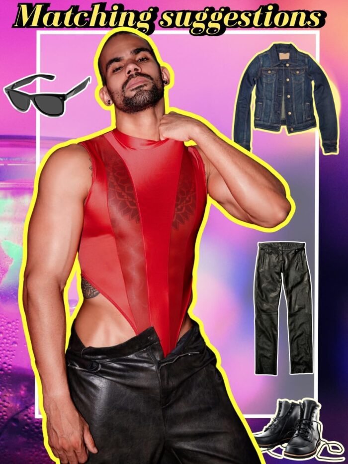 Mens Sexy Lingerie, Hook Crotch Thong High Cut Bodysuit Top Rave Outfit, Glossy Mock Neck Sheer Singlet Muscle Suit - Image 5