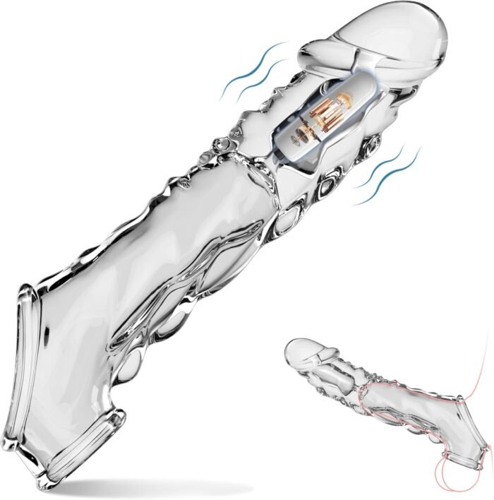 Large Reusable Penis Sleeve with Vibrator Ring,3.8 inch Clear Cock Ring Extender Ultra-Soft Enlarger for Couples Vibrating Dildo Sex Toys Men
