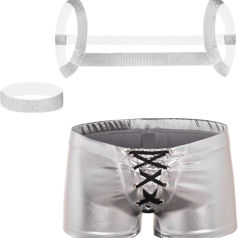 Men's Metallic Shorts Yoga Shiny Boxer Briefs Shiny Hot Pants Underwear Bikinis with Draswtring