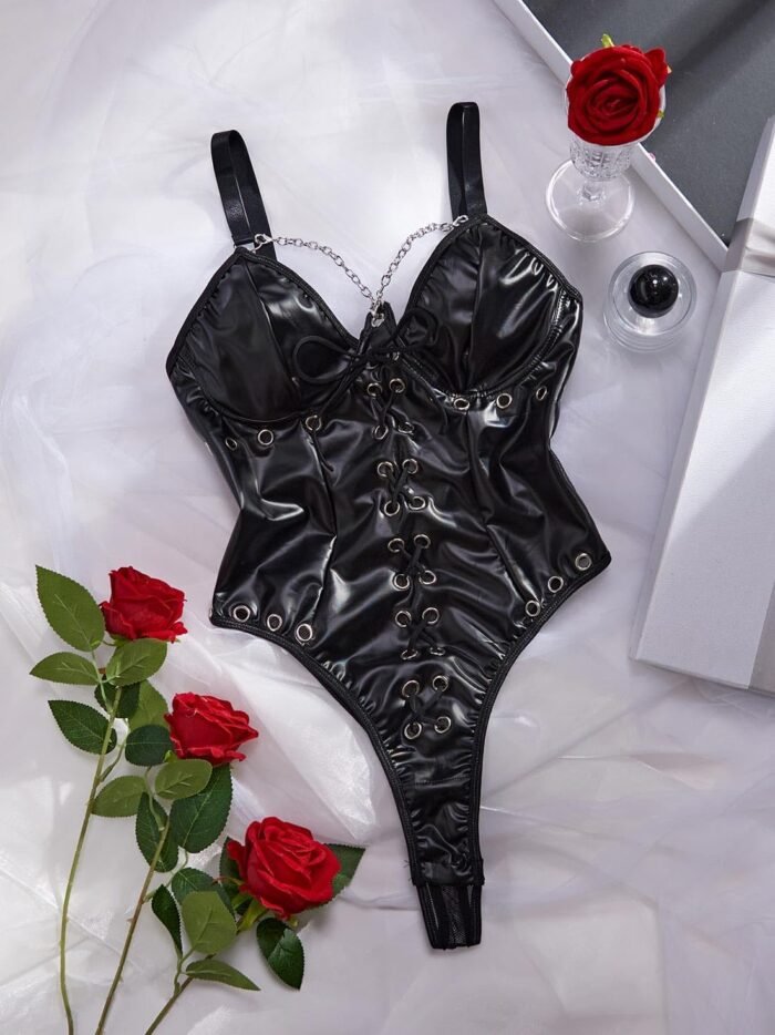 Lingerie for Women Sexy PU Leather Nightshirt Concert Nightout with Chain Leotard Bodysuit - Image 5