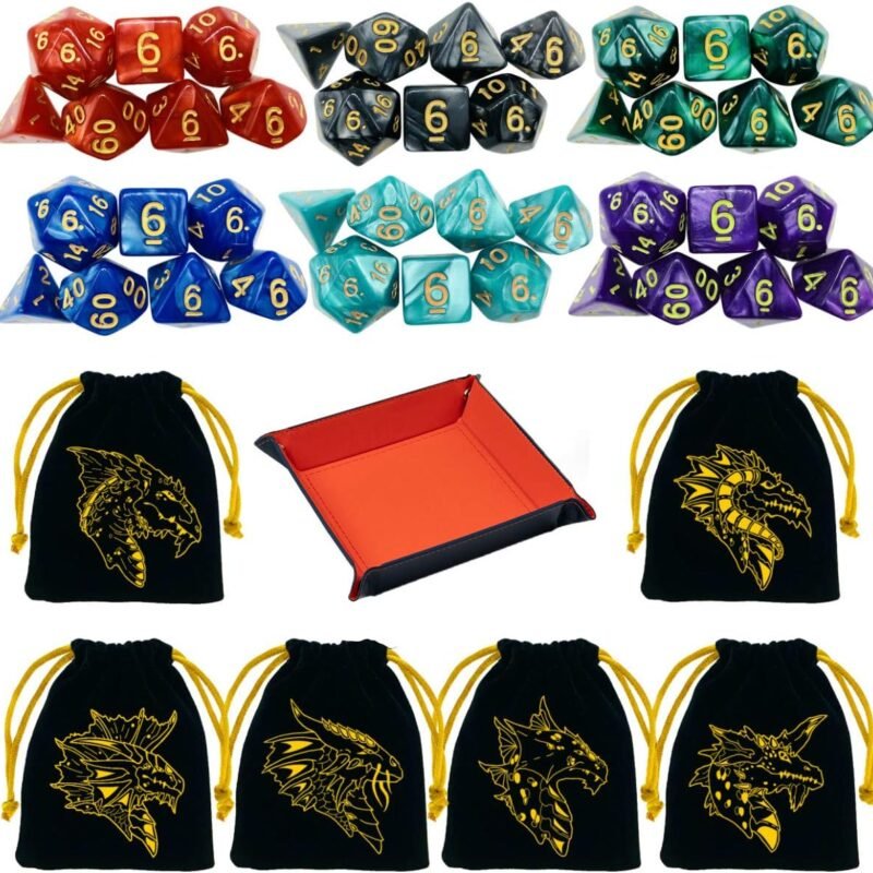 6 Sets DND Dice Polyhedral Dice Dungeons and Dragons Rolling Dice for RPG MTG Table Games Dice Bulk with Free Six Drawstring Bags and PU Leather D&D Dice Tray