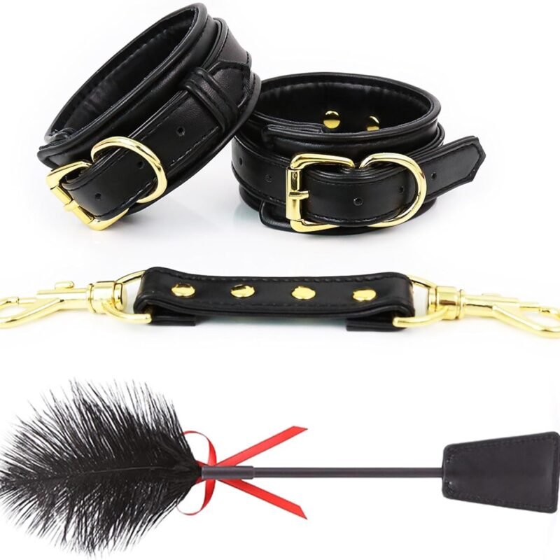 Spanking Sex Feather Tickler with Handcuffs Leather Wrist Cuffs Cuff Sex Whip BDSM Bondage Accessories Sexual Handcuff Restraints Fetish Adult SM Play for Couple Women Men