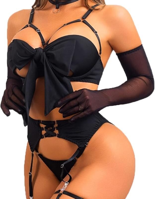 Sexy Strappy Black Bow Lingerie Set with Sheer Gloves and Thigh Bands – Ultimate Temptation for Special Nights