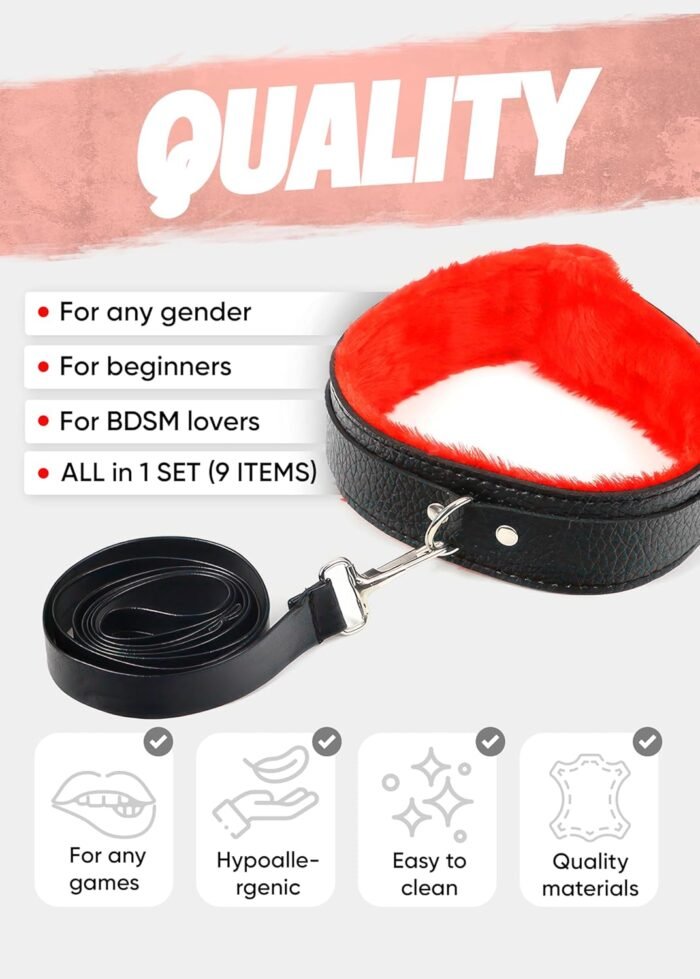 10pcs BDSM Set, Sex Toys for Women, Accessories for Adult, Collar with Pulling Belt, Spaking Whip, Adult Feather Tickler, Mask, Breathable Mouth Gag Ball and Fluffy Handcuffs - Image 6