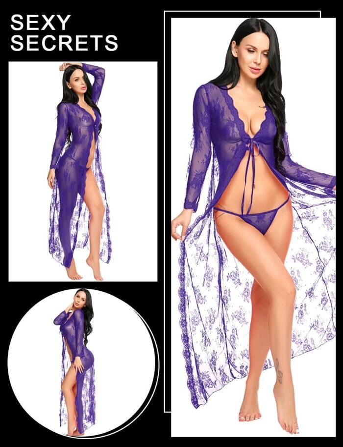 Lingerie for Women Sexy Long Lace Dress Sheer Gown See Through Kimono Robe - Image 2