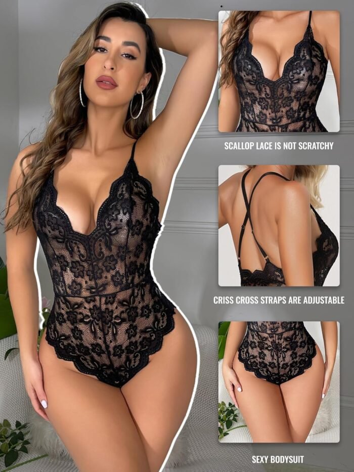 Buitifo Women Lace Bodysuit One Piece Babydoll Backless Mini Teddy V Neck Lingerie - Image 2