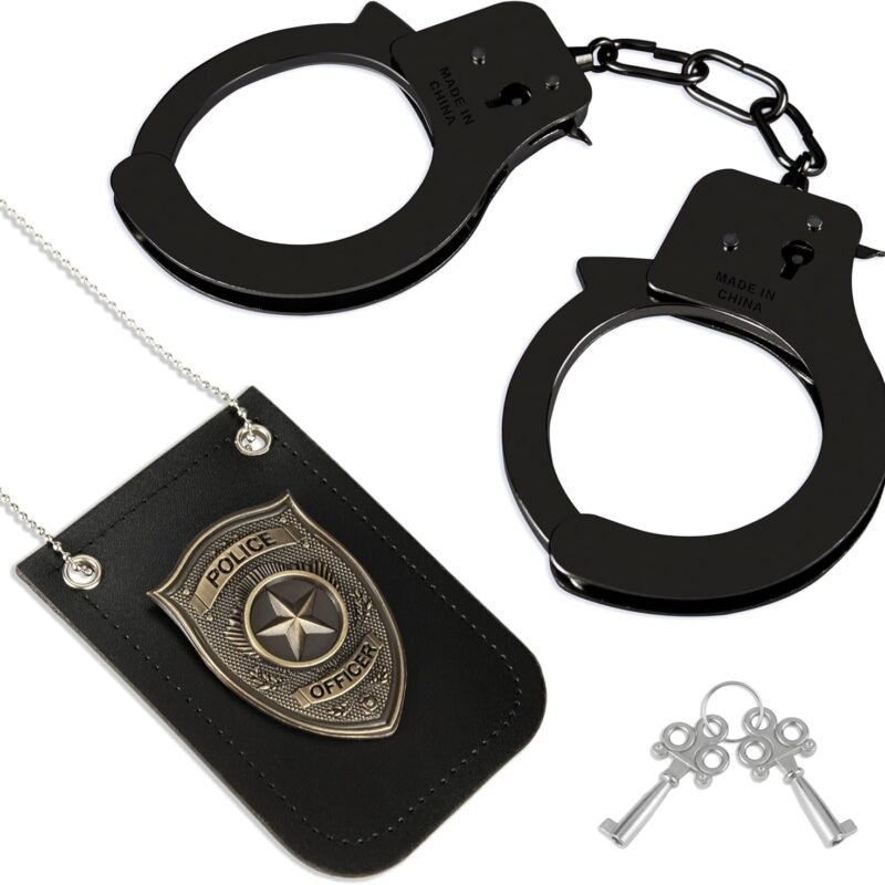 Handcuffs with Keys Police Badge Police Officer Costumes Set, Halloween Police Pretend Play Dress Up Accessory (Style - A)