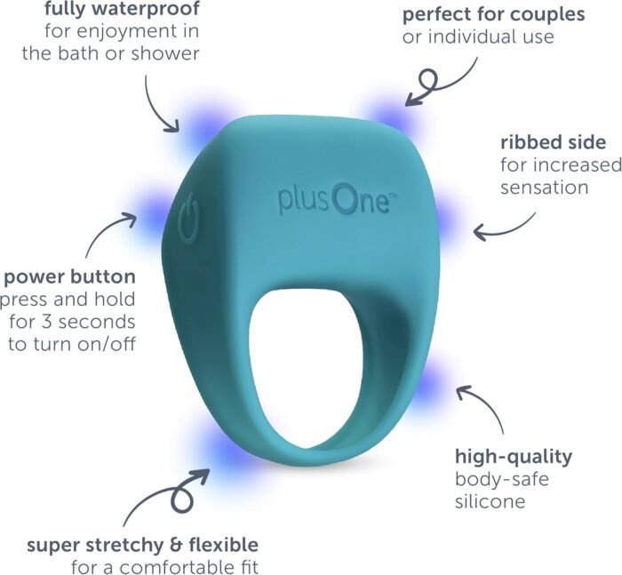 plusOne Vibrating Ring for Couples or Individuals, Body-Safe Silicone, Waterproof, USB Rechargeable, Massager with 10 Vibration Settings, Teal - Image 2
