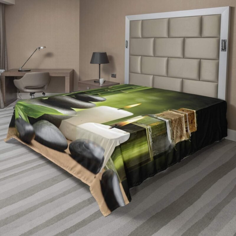 Ambesonne Spa Themed Flat Sheet, Exotic Rocks Candles and Landscape of Tropical Trees Print on Blurry Back, Soft Comfortable Top Sheet Decorative Bedding 1 Piece, California King, White Black Green