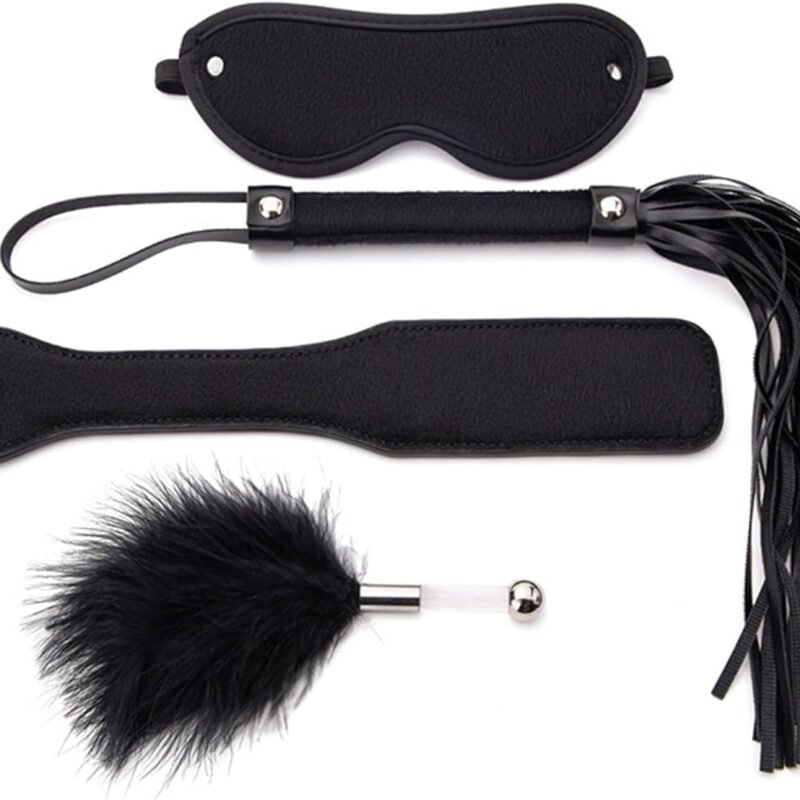 Sex Bondage BDSM Kit 4 Pcs Adjustable Blindfold Spanking Whip Paddle Tickler Feather Fetish Restraints Sex Toy Kit for Women and Couples Foreplay Kinky Sexy Toys for Couples
