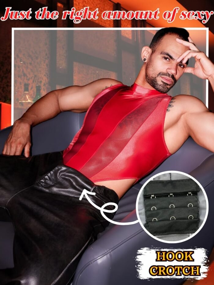 Mens Sexy Lingerie, Hook Crotch Thong High Cut Bodysuit Top Rave Outfit, Glossy Mock Neck Sheer Singlet Muscle Suit - Image 4