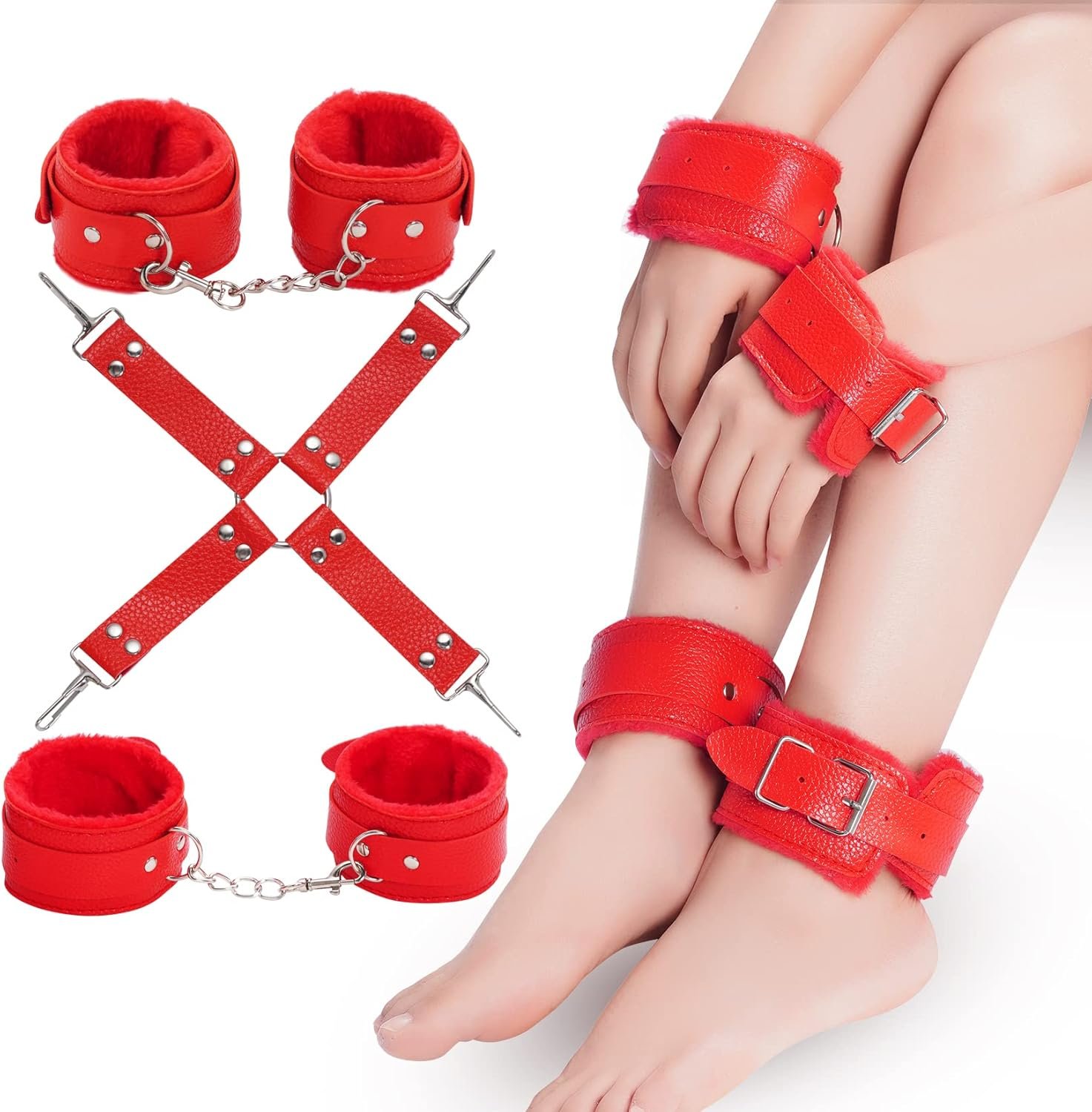 15Pcs Bondage Restraints Sex Toys Adult Games Kit SM Fetish Bed Restraints Set for Beginners Cuffs Blindfold Spanking Nipple Clamps Flogger Ball Gag Paddle Rope Anal Toys Red - Image 6
