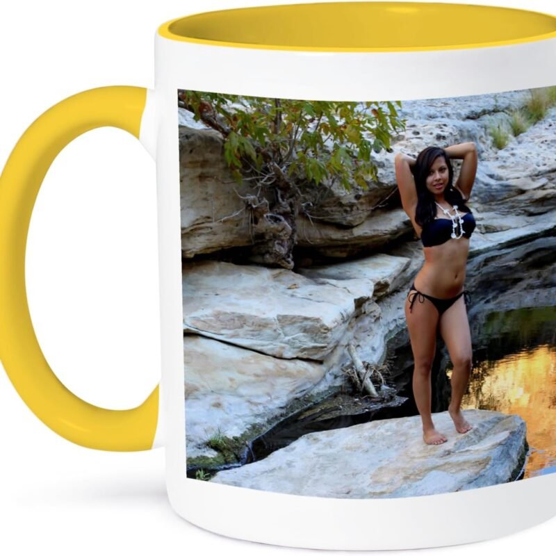 3dRose Coffee Mug, Size - 11oz - Young Hispanic woman with bikini near a creek - vacation, female, girl, sexy, exotic, latina, erotic Designs Person - funny coffee cup gift