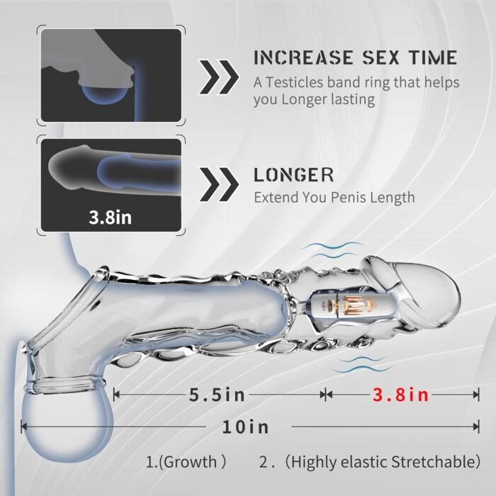 Large Reusable Penis Sleeve with Vibrator Ring,3.8 inch Clear Cock Ring Extender Ultra-Soft Enlarger for Couples Vibrating Dildo Sex Toys Men - Image 2