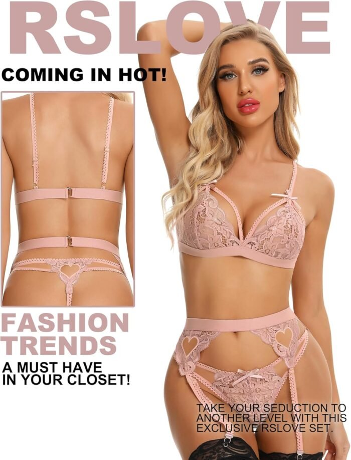 RSLOVE Women Lingerie Sets with Garter Belt 3 Piece Lace Teddy Babydoll Bodysuit - Image 5